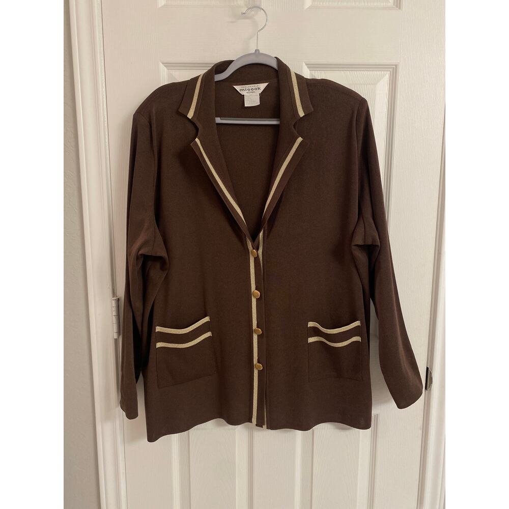 Vintage Exclusively Misook Brown Knit Cardigan Gold Buttons Size 3XL